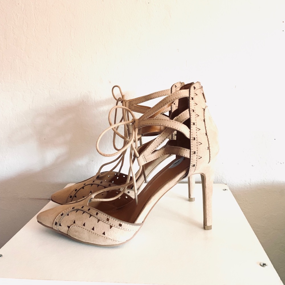 Cream suede pointy toe heels